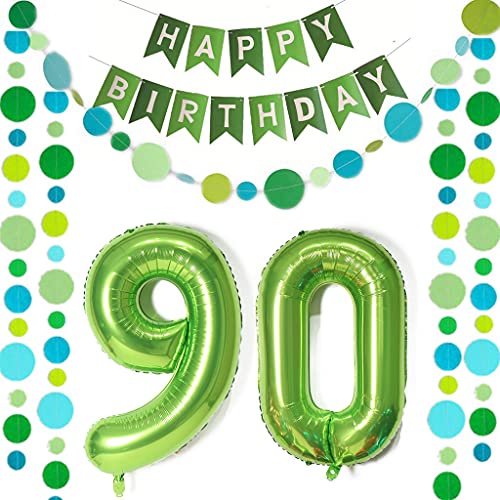 Luftballons Zahl 90 Grün + Happy Birthday Girlande + banner Folienballon 90.Geburtstags deko frau mann ballons 90 Jahre Geburtstag deko frauen Zahlenballon 90 Geburtstag dekoration Männer frau(90) von Ohaoduo