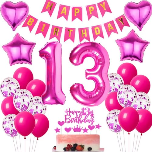 Ohaoduo 13 Geburtstag Deko Mädchen rosa rot 13 Geburtstag Dekoration rosa rot Geburtstagsdeko 13 jahre Mädchen Luftballons Folienballon 13. Geburtstag Deko 13 Geburtstag Mädchen Tortendeko rosa von Ohaoduo