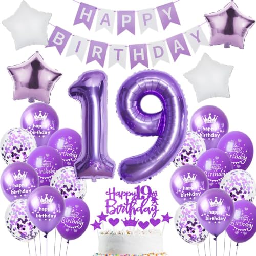 Ohaoduo 19 Geburtstag Deko Mädchen Lila 19 Geburtstag Dekoration Lila Geburtstagsdeko 19 jahre Mädchen Luftballons Folienballon 19. Geburtstag Party Deko 19 Geburtstag Mädchen Tortendeko lila von Ohaoduo