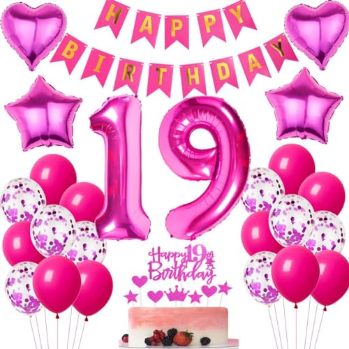 Ohaoduo 19 Geburtstag Deko Mädchen rosa rot 19 Geburtstag Dekoration rosa rot Geburtstagsdeko 19 jahre Mädchen Luftballons Folienballon 19. Geburtstag Deko 19 Geburtstag Mädchen Tortendeko rosa von Ohaoduo