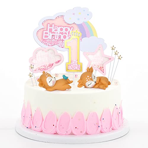 Ohaoduo 1st Kuchen Dekoration Happy Birthday Tortendeko 1. Geburtstag Kuchen Topper Kuchendekoration Kuchendeko Cake Topper Rosa Sterne Kitz Wolken für Mädchen Junge Kindergeburtstag Baby von Ohaoduo