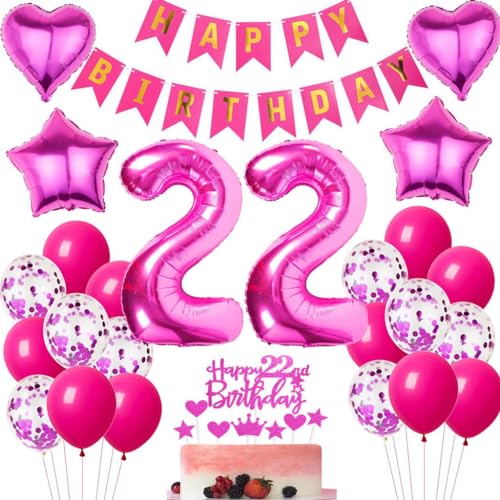 Ohaoduo 22 Geburtstag Deko Frauen rosa rot 22 Geburtstag Dekoration rosa rot Geburtstagsdeko 22 jahre Frau Luftballons Folienballon 22. Geburtstag Deko 22 Geburtstag Frau Mädchen Tortendeko rosa von Ohaoduo