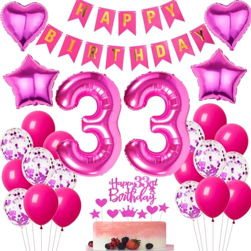 Ohaoduo 33 Geburtstag Deko Frauen rosa rot 33 Geburtstag Dekoration rosa rot Geburtstagsdeko 33 jahre Frau Luftballons Folienballon 33. Geburtstag Deko 33 Geburtstag Frau Mädchen Tortendeko rosa von Ohaoduo