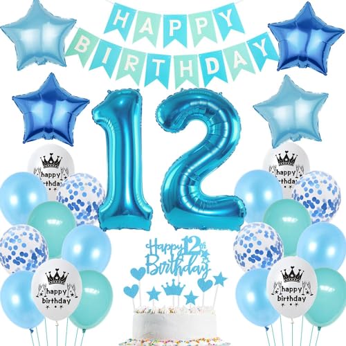 Ohaoduo Luftballons 12. Geburtstag Junge Blau Dekoration Tortendeko Geburtstag 12 jahre Junge Deko 12. Geburtstag Junge Party Deko Blau Geburtstagsdeko 12 Jahre Junge mädchen Luftballons 12 Blau von Ohaoduo