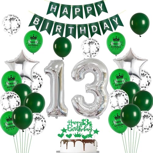 Ohaoduo Luftballons 13. Geburtstag Junge Mädchen Dekoration Grün Silber Tortendeko Geburtstag 13 Junge Deko 13. Geburtstag Mädchen Party Deko Grün Geburtstagsdeko 13 Jahre Junge Mädchen Luftballon von Ohaoduo