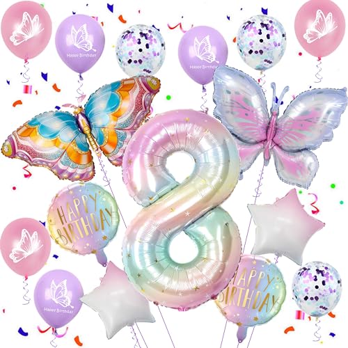 Schmetterlinge Deko 8. Geburtstag Mädchen, Schmetterling Folienballon 8 Jahre Geburtstag Deko, 8 Jahre Schmetterling Geburtstag Deko, 8. Geburtstagsdeko Rosa, Schmetterling 8. Luftballon von Ohaoduo