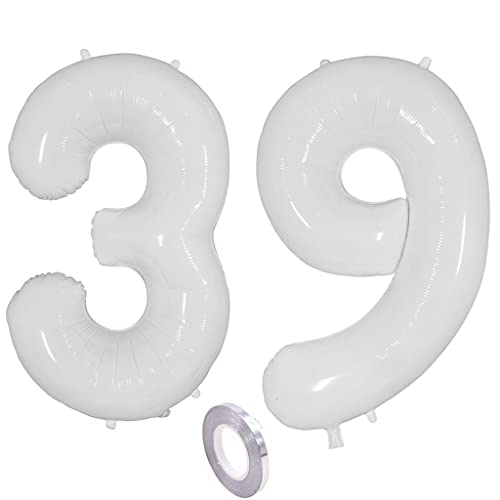 Weiß Luftballons Zahl 39. Geburtstag deko frau mann,Zahlen Ballon 39 Geburtstag deko, 40 Zoll Weiß Heliumballon 39 jahre Geburtstagsdeko frauen männer Aufblasbar Helium Folienballon 39 Weiß（39） von Ohaoduo