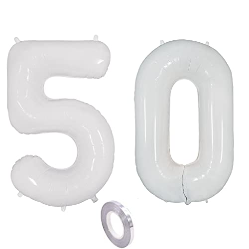 Weiß Luftballons Zahl 50. Geburtstag deko frau mann,Zahlen Ballon 50 Geburtstag deko, 40 Zoll Weiß Heliumballon 50 jahre Geburtstagsdeko frauen männer Aufblasbar Helium Folienballon 50 Weiß（50） von Ohaoduo