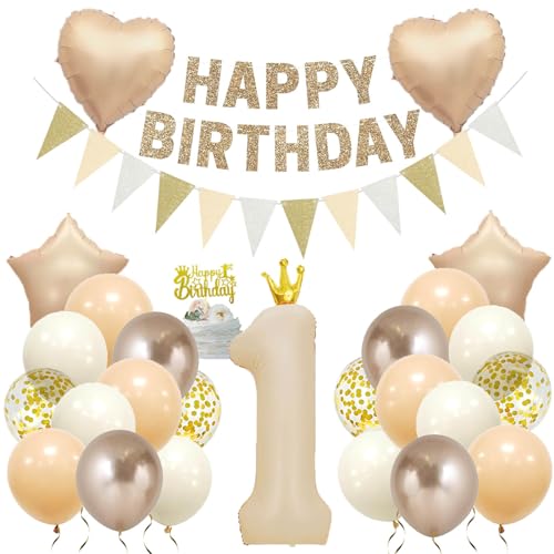 1 Jahre Geburtstagsdeko Gold Folienballon 1 Beige Zahlenballon 1. Geburtstag Deko Mädchen Junge Baby Happy Birthday Deko Kindergeburtstag von Ohighing