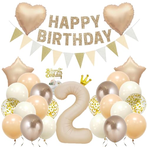 2 Jahre Geburtstagsdeko Gold Folienballon 2 Beige Zahlenballon 2. Geburtstag Deko Mädchen Junge Baby Happy Birthday Deko Kindergeburtstag von Ohighing