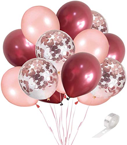 50 Stück Luftballons Weinrot Rose Gold Ballons mit Rosegold Konfetti Helium Ballons für Baby Shower Mädchen Kinder Geburtstag Party Hochzeit Deko (ca.30cm) von Ohighing