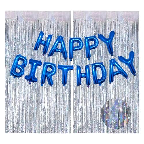 Blau Foil Happy Birthday Banner Girlande mit 2 Stück Metal Gold Vorhang 1 * 2m für Damen Mann Kinder Geburtstagsdeko Gold Blau von Ohighing