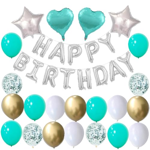 Geburtstagsdeko Silber Happy Birthday Girlande Luftballons Gold Tuerkis Deko Geburtstag Mädchen Happy Birthday Deko Frauen von Ohighing