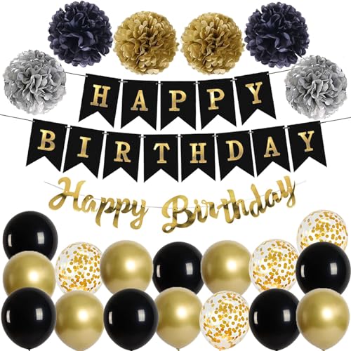 Happy Birthday Schwarz Geburtstag Party Deko Set 1 Girlande 6 Pompoms 16 Luftballons Schwarz Gold Ballons Gold Konfetti Luftballon(ca.30cm) 1 Happy Birthday Banner in Gold metallic von Ohighing