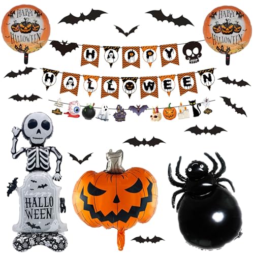 Happy Halloween Girlande XL Halloween Foil Ballons Kürbisse Spinnen Skelett Halloween Party Deko Set Wimpelkette Halloweendeko von Ohighing