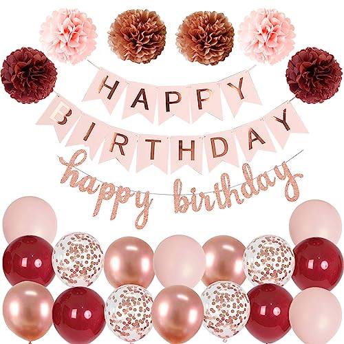 Ohighing Happy Birthday Weinrot Rosegold Geburtstag Party Deko Set Geburtstag Girlande Luftballons Burgund Rosegold Ballons 6 Pompoms Geburtstagsdeko Mädchen von Ohighing