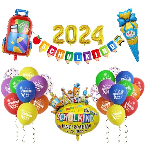 SCHULKIND Girlande mit 2024 Gold Folienballon Zahlen Ballons 22 Luftballon Zuckertüten Schultasche Folienballon Ballons Schuleinführung Deko SCHULKIND Deko Einschulung Junge Mädchen von Ohighing