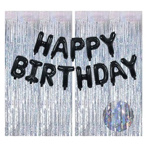 Schwarz Foil Happy Birthday Banner Girlande mit 2 Stück Metal Silber Vorhang 1 * 2m für Damen Mann Geburtstagsdeko Schwarz Silber von Ohighing