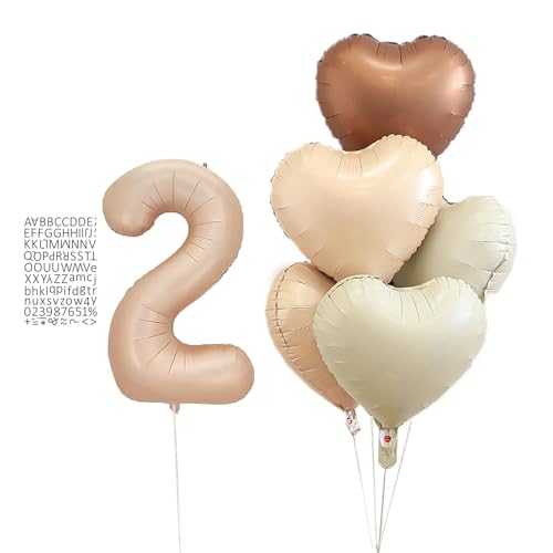 XL Zahlen 2 Luftballon Beige XL Helium Luftballon Klein Zahl 2 Beige Ballon mit 5 Stück Heart Foil Ballons 2 Geburtstag Anniversaire Deko 80cm von Ohighing