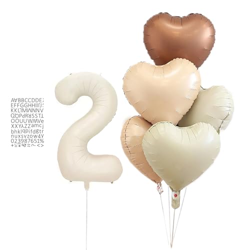 XL Zahlen 2 Luftballon Creme XL Helium Luftballon Klein Zahl 2 Creme Ballon mit 5 Stück Heart Foil Ballons 2 Geburtstag Anniversaire Deko 80cm von Ohighing