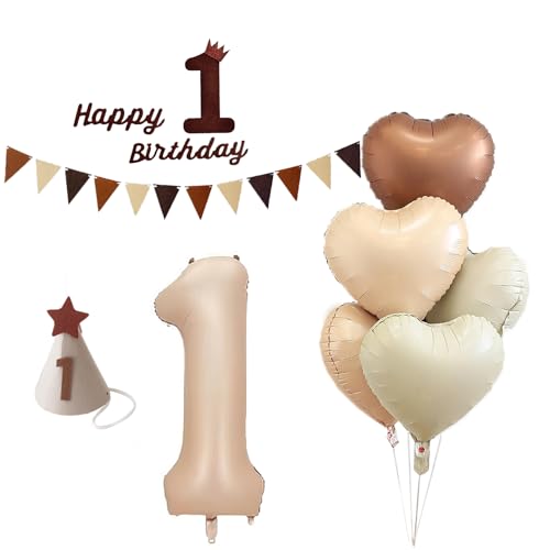 XXL Zahlen 1 Luftballon Beige Filz Happy Birthday Sign mit 5 Stück Heart Foil Ballons 1 Geburtstag Deko 100cm von Ohighing