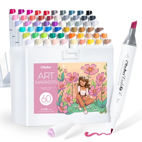 Ohuhu Alkohol Marker, 60 +1 Farben Mini-Pinsel & Schlanke Breite Doppelspitzen Alkohol Marker für Künstler Erwachsene Ausmalen, Zeichnen und Illustration - Nachfüllbare Tinte - Kaala B Serie von Ohuhu