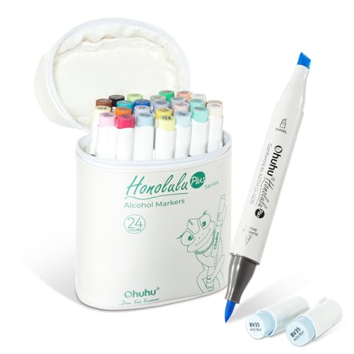 Ohuhu Alkohol Marker Supreme Pinselspitze 24+1 Farben mit doppelter Spitze (Plus-Pinsel und Meißel nachfüllbar) Kunstmarker-Set für Künstler, Erwachsene, Malerei, Illustrationen - Honolulu Plus Serie von Ohuhu