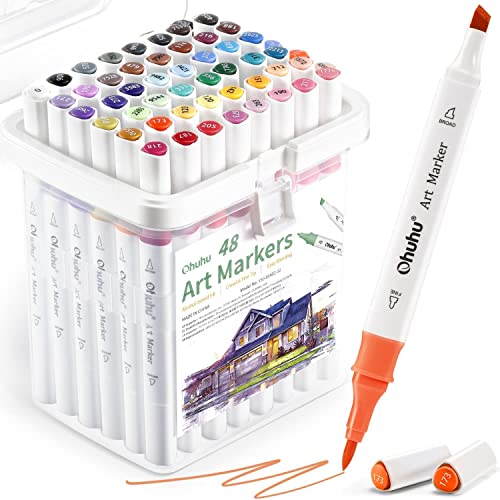 Ohuhu Alkoholmarker Stifte 48 Farben, Marker Stifte mit Doppelspitze Meißel und Feines Kunstmarker-Set Alkohol Marker Stift Set für Erwachsene zum Ausmalen von Illustrationen von Ohuhu