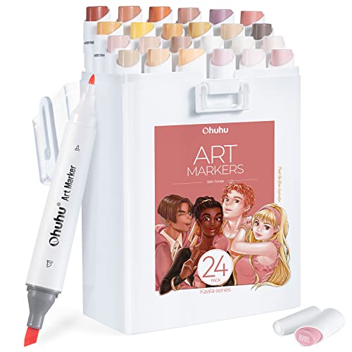 Ohuhu Alkohol Marker, 24 Farben Schlank Breit und Fein Doppelte Spitzen Alkohol Marker für Künstler Erwachsene Porträt Haut Haar Färbung Illustration Marker mit Tinte Refillable - Kaala-Serie von Ohuhu