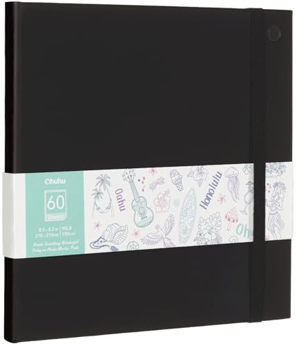 Ohuhu Doppelseitiges Skizzenbuch – Blattsicher Zeichenblock, 120 Seiten (60 Blätter) 150 g/m² – Quadratisches Hardcover-Skizzenbuch für Marker, Zeichnen, Malen – Beidseitig Nutzbar, 21 x 21 cm von Ohuhu