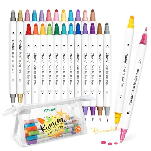 Ohuhu Dot Marker Stifte 24 Farben, Dual Tips (Kalligraphie Pinsel & Dot) Stifte einschließlich Metallic, Pastell, Primärfarben, auf Wasserbasis für Journal Scrapbooking Highlight Färbung- Kumimi von Ohuhu