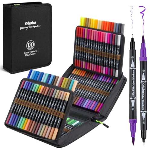 Ohuhu Maui 120 Farben Filzstifte Dual Brush Pen Set mit Doppelspitze (Pinsel & Fineliner), wasserbasierte Stifte für Erwachsene – Ideal für Bullet Journal Kalligraphie Mandala, inkl. Tragetasche von Ohuhu