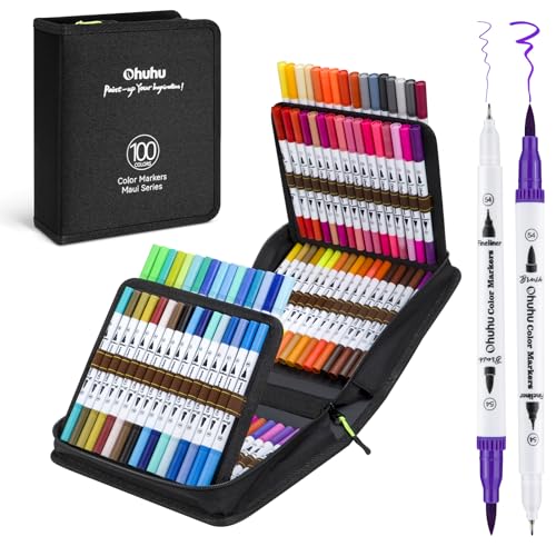 Ohuhu Maui 100 Farben Filzstifte Dual Brush Pen Set mit Doppelspitze (Pinsel & Fineliner), wasserbasierte Stifte für Erwachsene – Ideal für Bullet Journal Kalligraphie Mandala, inkl. Tragetasche von Ohuhu