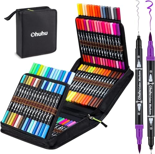 Ohuhu Filzstifte 100 Farben, Dual Brush Pen Pinselstifte Aquarell Marker Stifte Set für Kind und Erwachsene für Journal, Kalligraphie, Manga, Malbücher und Handlettering, Maui – Tragetasche von Ohuhu