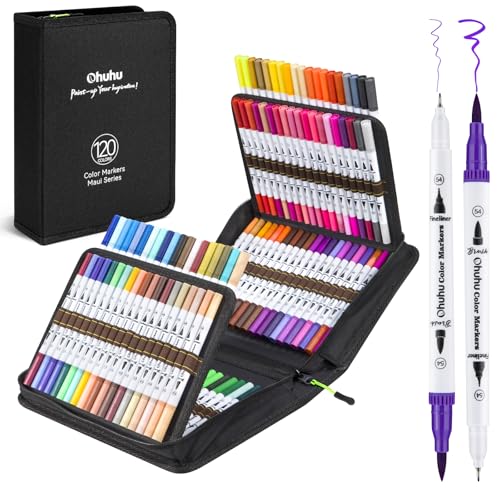 Ohuhu Maui 120 Farben Filzstifte Dual Brush Pen Set mit Doppelspitze (Pinsel & Fineliner), wasserbasierte Stifte für Erwachsene – Ideal für Bullet Journal Kalligraphie Mandala, inkl. Tragetasche von Ohuhu