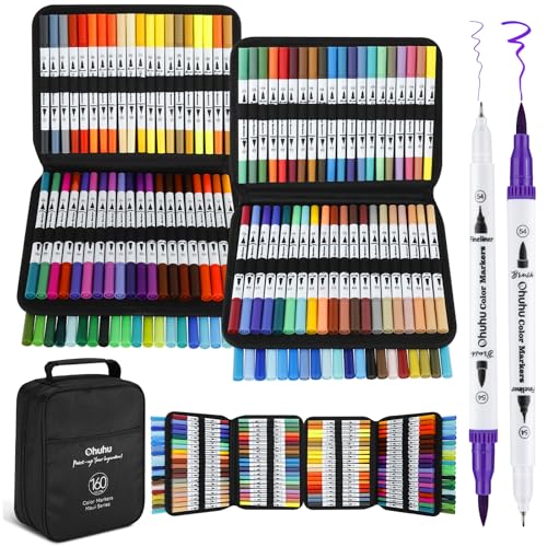 Ohuhu 160 Farben Filzstifte – Dual Brush Pen Set mit Doppelspitze (Pinsel & Fineliner), wasserbasierte Stifte für Erwachsene – Ideal für Bullet Journal, Kalligraphie Mandala, Maui Serie - Tragetasche von Ohuhu