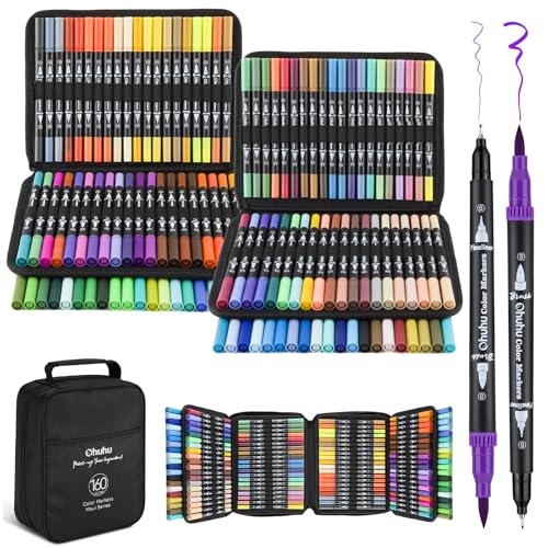 Ohuhu Filzstifte 160 Farben, Dual Brush Pen Set Pinselstifte Aquarell Marker für Erwachsene für Journal, Kalligraphie, Manga, Malbücher und Handlettering, Maui – Tragetasche von Ohuhu