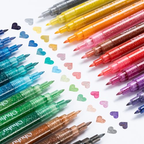 Ohuhu Glitzerstifte 24 Farben, Glitzer Filzstifte 0.7mm - Wasserbasis Glitzer Stifte für Mädchen Glitzer Basteln Karten basteln Album Scrapbooking Steine Keramik Glas Tassen Holz Zeichnung Färbung von Ohuhu