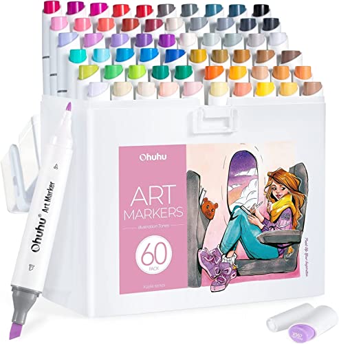 Ohuhu Alkohol Marker, 60 Farben Schlank Breit und Fein Doppelte Spitzen Alkohol Marker für Künstler Erwachsene Färbung Zeichnung Cartoon Anime Comic Marker mit Tinte Refillable - Kaala-Serie von Ohuhu