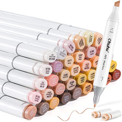 Ohuhu Hautton-Marker, alkoholbasierte Marker, doppelspitzig, Kunstmarker-Set für Kinder und Erwachsene, 36 einzigartige Hauttöne + 1 Alkohol-Marker-Mixer + Marker-Etui, Meißel & fein von Ohuhu