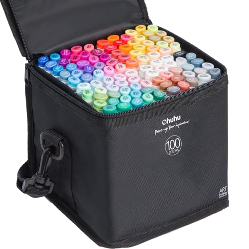 Ohuhu Marker Stifte, 100 Farben Stiften Marker Pen verdoppelt spitzt Kunst Sketch Twin Marker Stifte mit Tragetasche für Malerei Coloring Hervorhebungen Unterstreichunge von Ohuhu