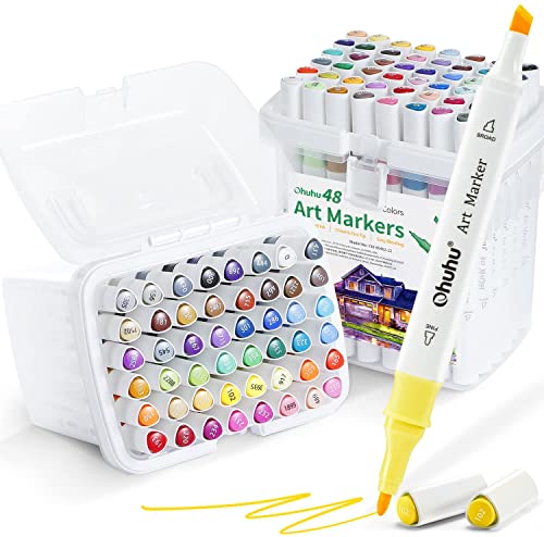 Ohuhu Marker Stifte, 96 Stifte Set mit Doppelspitze, Meißel und feines Kunstmarker-Set Alkohol Marker Stift Set auf Alkoholbasis für Erwachsene zum Ausmalen von Illustrationen von Ohuhu