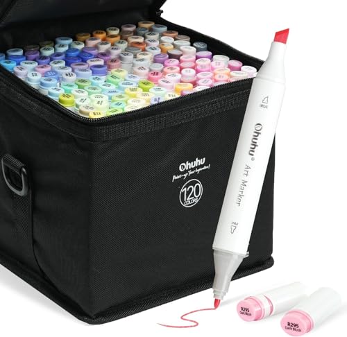 Ohuhu Marker Stifte Set, 120 Farben Stifte Set Permanent Marker Pen Meißel & Feine Verdoppelt Spitzt Kunst Sketch Twin Marker Stifte mit Tragetasche für Malerei Coloring von Ohuhu