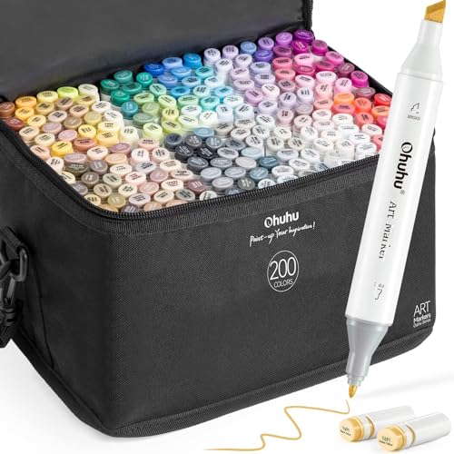 Ohuhu Marker Stifte Set, 200 Farben Stifte Set Permanent Marker Pen Meißel & Feine Verdoppelt Spitzt Kunst Sketch Twin Marker Stifte mit Tragetasche für Malerei Coloring Unterstreichunge, Oahu Serie von Ohuhu