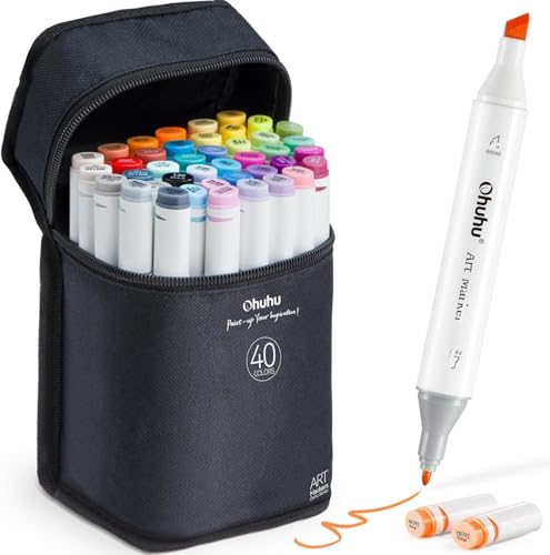 Ohuhu Marker Stifte Set, 40 Farben Stifte Set Permanent Marker Pen Meißel & Feine Verdoppelt Spitzt Kunst Sketch Twin Marker Stifte mit Tragetasche für Malerei Coloring von Ohuhu