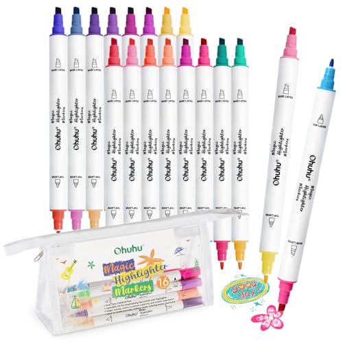 Ohuhu Marker Textmarker 16 Pack, 32 Farben Dual PenTextmarker auf Wasserbasis, Textmarker mit Doppelter Spitze für Journaling Büro Schulbedarf Bibel Notizen machen von Ohuhu