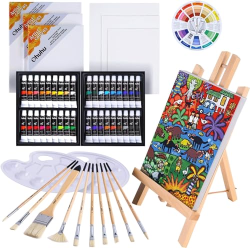 Ohuhu Ölfarbe Set von 56, 36 Farben Ölfarben (12ml/Tube) mit 10 Borstenpinsel, eine Staffelei Holz, 3 Keilrahmen, 3 Leinwand, 2 Mischpalette, eine Farbrad Perfektes für Kunststudenten von Ohuhu