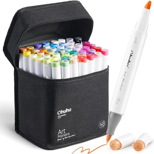 Ohuhu Marker Stifte Set, Pinsel Marker Stift mit 48 Farben Doppelseitige Farbspitz Chisel Brush Alkoholmarker für Comics Manga Pinsel Tip zum Skizzieren Kalligraphieren Zeichnen von Ohuhu