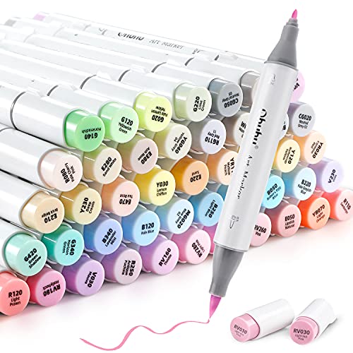 Ohuhu Pastellstifte Marker, Doppelseitige (Pinsel & Fiene) Farbspitze Brush Manga Marker Stifte auf Alkoholbasis mit Tragetasche für Entwürfe und Comics zum Skizzieren Kalligraphieren Zeichnen von Ohuhu