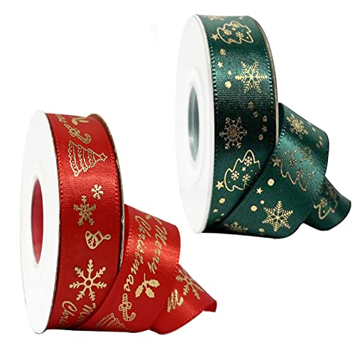 20 Yards Schleifenband Weihnachten, 2 Rollen Weihnachtsbänder Grün/Rot Geschenkband Weihnachten, 20mm Breite Satinband mit Weihnachtsmotiv für Geschenk Weihnachtsbaum Dekoration (10 Yards/Rollen) von Oiamker